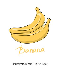 Yellow banana and text Banana, tropical fruit isolated on white background, vector illustration