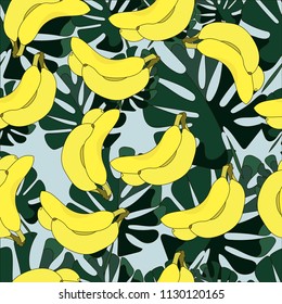  Yellow Banana with Tropical palm leaves Vector Repeat Seamless Pattrern. Great for fabric, packaging, wallpaper, invitations. Summer pattern. Organic food.