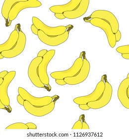  Yellow Banana Vector Repeat Seamless Pattrern. Great for fabric, packaging, wallpaper, invitations. Summer pattern. Organic food.