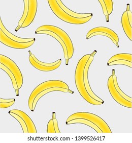  Yellow Banana Vector Repeat Seamless Pattrern. Great for fabric, packaging, wallpaper, invitations. Summer pattern. Organic food.