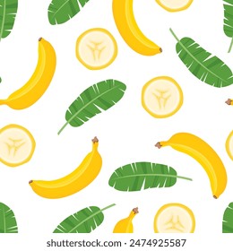 Yellow bananas and green palm leaf seamless pattern. Tropical background. Vector cartoon flat illustration.