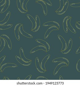 Yellow bananas line art vector seamless pattern with beautiful dark green background. Great as a textile print, fabric, wallpaper, packaging or giftwrap and invitation card. Surface Pattern Design.
