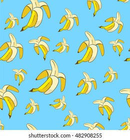 Yellow bananas on blue background seamless pattern in pop art style. Vector EPS10 hand drawn illustration.