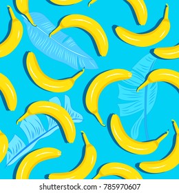 Yellow bananas on blue background with banana leaves, vector seamless pattern.