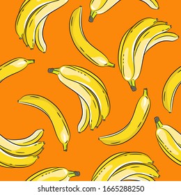 Yellow bananas on an orange background. Seamless pattern.