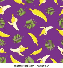 Yellow bananas on a purple background with palm leaves. Vector Pattern. Vector seamless pattern, wallpaper, gift wrapping, and other funds and decorations.