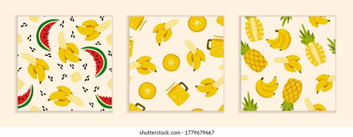 Yellow bananas and pineapples, red watermelons. Whole juicy fruits and slices. Set of seamless patterns on a beige background. Three drawn patterns in flat style. Summer cheerful cute banner.