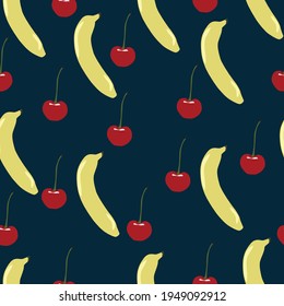 Gelbe Bananen und rote Kirschen Vektorgrafik nahtlos Muster mit schönem dunklem Hintergrund. Gut als Stoffdruck, Stoff, Tapete, Verpackung oder Geschenkverpackung und Einladungskarte. Oberflächenmuster-Design.