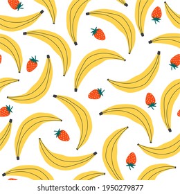 Yellow bananas and red strawberries, seamless fruit pattern, berries, sunny illustration, ideal for printing on fabric, paper or interior decor