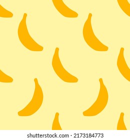 Yellow Bananas Seamless Pattern, in Flat Design Style. Hand Drawn Cartoon Banana Fruits on Yellow Background, Simple Repeating Design. Summer Illustration.