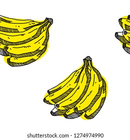 Yellow bananas. Seamless pattern. Hand-drawn vector illustration. Print for t-shirt and bags.  Sticker for social media content. Doodle. 