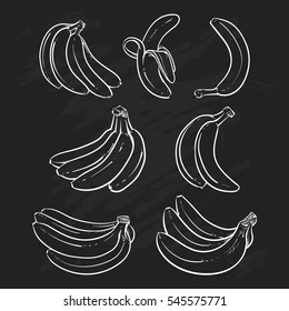 Yellow Bananas vector illustration on black background. Overripe Banana, Single Banana , Peeled Banana, Bunch of Bananas.