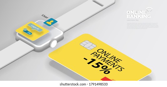 Yellow Bank card and smart watch with mobile banking app. Vector banner