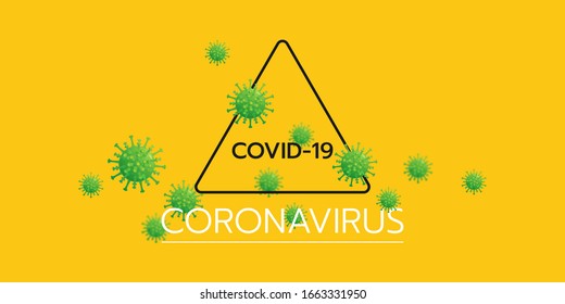 The yellow banner of a coronavirus threat has a triangle warning sign with an acronym of covid-19, also there is a group of spiked viruses.