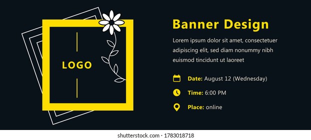 Yellow Banner Design With Flower Symbol, Logo And Contact Data On A Dark Background. Vector Template For Webinar, Conference, E-mail, Flyer, Meetup, Party, Event, Web Header