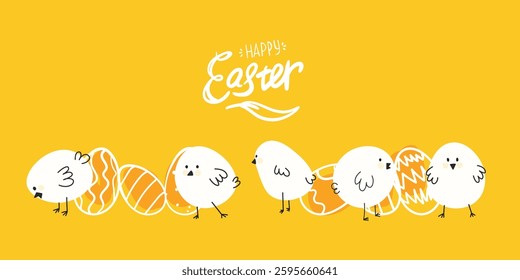 Yellow banner with hand drawn cute chicks and eggs. Awesome font mix written Happy Easter. Cute and playful banner design for Easter print or social media post.
