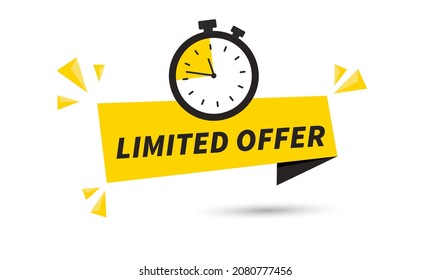 Yellow banner limited offer with clock for promotion, price. Label countdown of time for offer sale or exclusive deal.Alarm clock