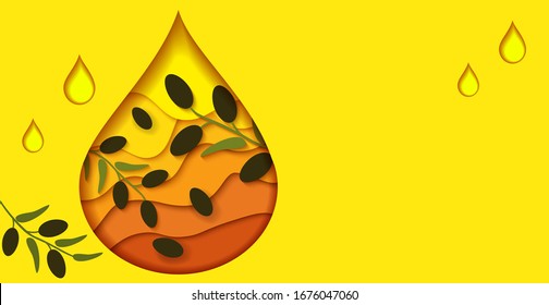 Yellow Banner Olive oil. Bright golden drop of oil with olive branches, cut from paper. Can be used for label design. Vector illustration.