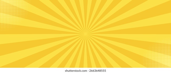 Gelbes Banner mit Sonnenstrahlen, gelber Linien Hintergrund, Licht