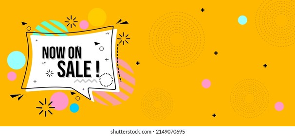 yellow banner with text now on sale. flat design for discount promotion