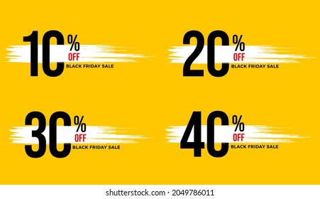 Yellow banner with white details for Black Friday sales with 10, 20, 30 and 40 percent discounts.