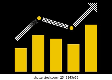 The yellow bar chart depicts strong financial growth, while the white dotted arrow symbolizes upward stock market trends, successful investments and profitability on black background