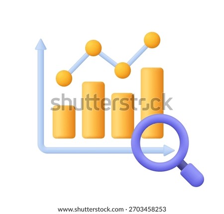 Yellow bar chart with line graph and magnifying glass. Financial stock market, data analysis, statistics, research and business growth concept. 3d vector icon. Cartoon minimal style.