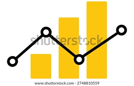 Yellow bar charts and a black line graph on a white background illustrate fluctuating business trends and growth in a simple vector graphic illustration, often used in data analysis and marketing reports to visualize progress and success.