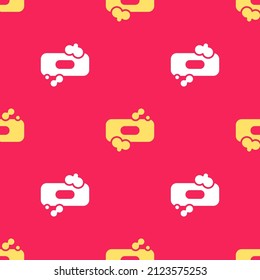 Yellow Bar of soap icon isolated seamless pattern on red background. Soap bar with bubbles.  Vector Illustration
