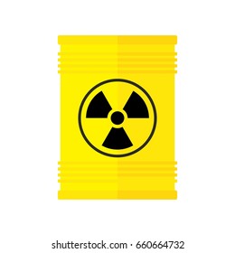 Yellow barrel with nuclear, radioactive waste. Toxic chemical waste storage from power plant. Flat vector cartoon illustration. Objects isolated on a white background.