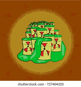 Yellow Barrel with poisonous waste pattern. radioactive Canister with acid ornament. toxic Chemical danger of barrel background. Environmental pollution. Industrial facility