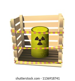 Yellow barrel with toxic waste. Box with a protective tape. Vector illustration.