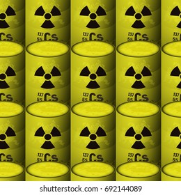 Yellow barrels of radioactive caesium toxic waste. Seamless pattern background. Chemical sign of danger. Cesium 137.