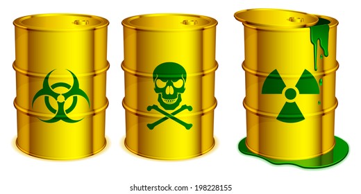 Yellow barrels with warning signs and toxic substance inside.