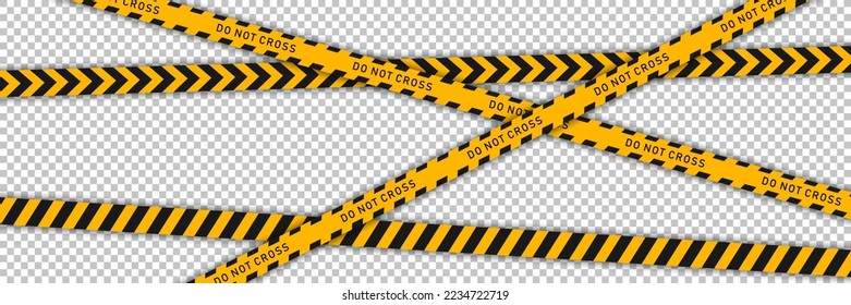 Yellow barricade tape with black diagonal stripes and text "DO NOT CROSS" isolated on transparent background. Vector template of  seamless warning, caution ribbon for construction works or crime scene