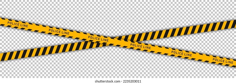 Yellow barricade tape with black diagonal stripes and text "POLICE LINE" isolated on transparent background. Vector template of seamless caution police ribbon for crime scene