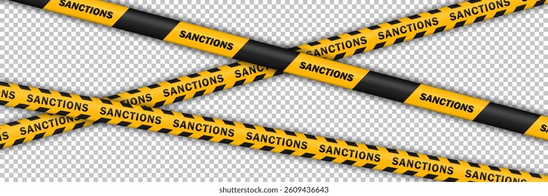 Yellow barricade tape with black diagonal stripes and text SANCTIONS isolated on transparent background. Template of seamless barrier line, barricade ribbon. Geopolitical conflict, global trade crisis