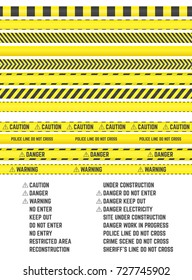 Yellow barrier tapes. Vector restriction and attention ribbons. Horizontal seamless. Clipart set