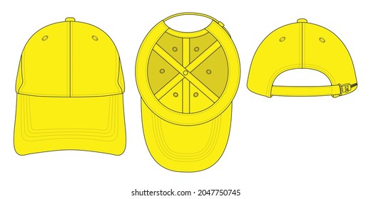 Yellow Baseball Cap With Adjustable Slide Buckle Plastic Zip Vector.Front, Under and Back View.