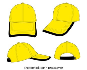 Yellow Baseball Cap with Black Edging Brim Cap and Black Look-Loop Strap Closure Design on White Background, Vector File.