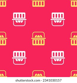 Yellow Basket with easter eggs icon isolated seamless pattern on red background. Happy Easter.  Vector Illustration