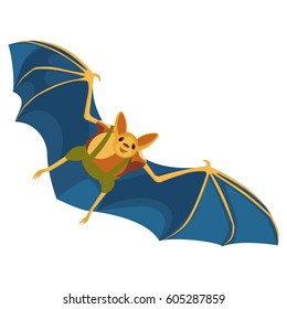 Yellow bat with blue wings hand drawn pattern on white background. Flying flittermouse dressed in green pants with suspenders and brown slip-on. Vector illustration of cheiroptera mammal