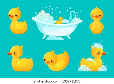 Yellow Bath Duck. Bathroom Tub With Foam, Relaxing Bathing And Spa Rubber Ducks Cartoon Vector Illustration