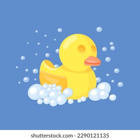 Yellow bath duck, children toy for bathtime. Traditional toys, kids nursery vector decorative elements. Duck in cartoon soap bubbles