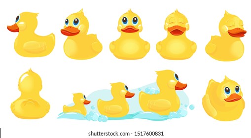 Yellow bath duck. Rubber water toys for kids shower room games with duck vector cute characters