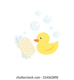 Yellow bath duck with sponge and bubbles , vector design illustration.