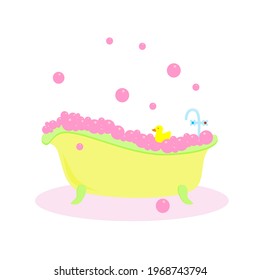 yellow bath on white background with pink soap bubbles