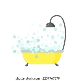 Baño amarillo con burbujas de jabón. Un objeto doméstico para el cuarto de baño. Vector. Decoración, diseño, folletos publicitarios, folletos y libros.