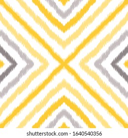 Yellow Batik Repeat Vector Seamless Pattern. Boho Carpet Texture. Navajo Geometric Tie Dye Design. Gray Drawing Indonesian Background.