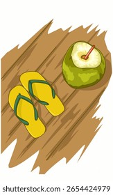 Flip flop praia amarela e bebida de coco fresco na textura de piso de madeira